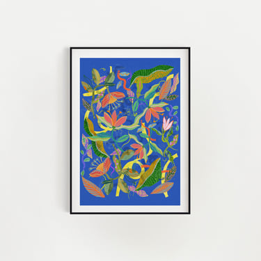 Blue Art Print Botanical Inspired- Colorful Eclectic Poster, Trendy Wall Art for Dorm Rooms & Home Decor 