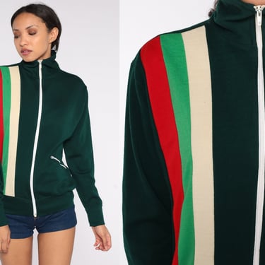 80s Track Jacket Green Striped Zip Up Sweatshirt Turtleneck Warmup Streetwear Warm Up Jacket Athletic Sports Vintage 1980s Small S 