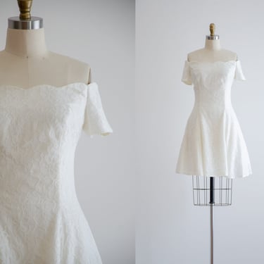 white lace dress | 80s 90s vintage Paris Sport Club cream ivory off shoulder short mini party dress 