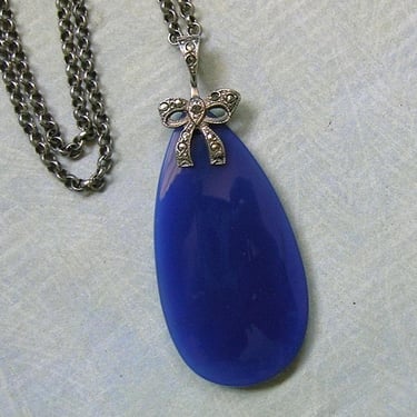 Antique 1930's Art Deco Necklace, Antique Sterling Chalcedony Deco Necklace with Bow and Marcasites, Old Art Deco Necklace (#4632) 