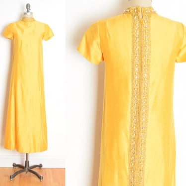 vintage 60s dress yellow gold crochet beaded spaceage long maxi hostess gown S M clothing 