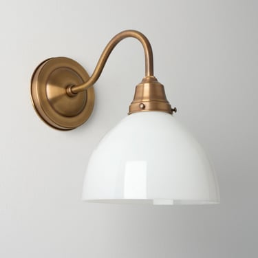 8" White Glass Shade - Gooseneck Wall Sconce - Task Lighting - Brass Wall Lamp - Kitchen Lighting - Handblown in the USA 