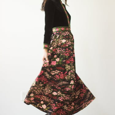 1970s Velvet and Satin Rose Print Maxi Dress 