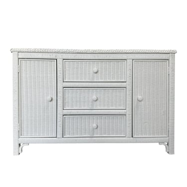 White Wicker Sideboard by Henry Link with 3 Drawers - Vintage Painted Hollywood Regency Coastal Rattan Buffet Cabinet or Credenza 