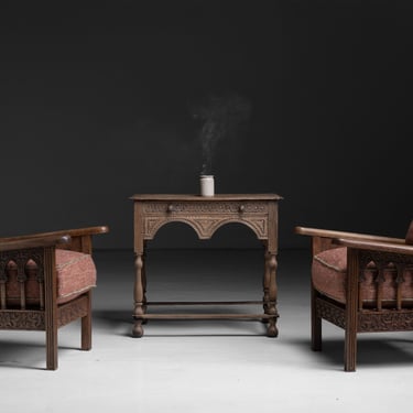 Carved Armchairs in Terracotta Linen Blend by Christopher Farr