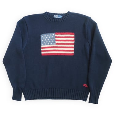 vintage Polo sweater / American flag sweater / 1990s Polo Ralph Lauren American Flag navy cotton knit sweater XL 