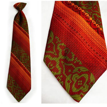 Men's Vintage MOD Necktie, Suit, Clip On Tie, 1960's, 1970's Hippy Orange Green Wide Polyester 