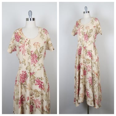 Vintage 1990s floral rayon bias cut dress, 90s does 30s, cottagecore fashion, midi length 