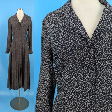 Vintage 90s Lauren Ashley Blue Floral Rayon Long Sleeve Button Front Dress with Ties at Waist - Size 4 