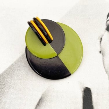 Art Deco Vintage Black & Olive green Bakelite Geometric Modernist brooch by BakeliteBa