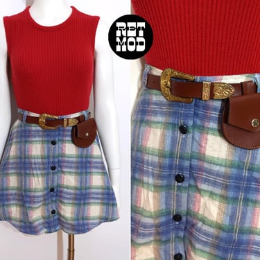 Sassy Vintage 90s Light Blue Plaid Skater Mini Skirt with Pouch Belt 