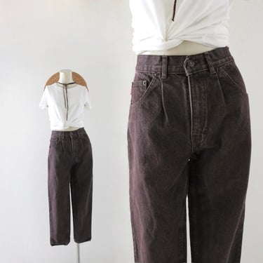chocolate youth jeans - 25.5 - vintage 90s y2k dark brown pleat front denim slim crop womens pants pleat front 
