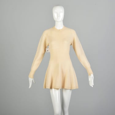 Large 1990s Off-White Wool Tunic Sweater Marion Foale Ice Skater Mini Dress Creamy Beige Knit 