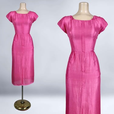 VINTAGE 50s 60s Pink Silk Wiggle Dress by Miss Serbin with Pockets 37B/27W/39H | 1950s Hourglass Pencil Dress | VFG 