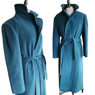 Vintage 80s Blue Wool Coat, Belted, Rosewin 