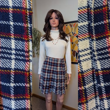 Vintage 1970s Navy & White Plaid Pleated Mini Skirt / 60s 70s Academia Preppy Fall Winter / Size XS 