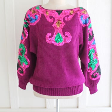 Vintage - Beaded/Sequin - Circa 1980s - Sweater - Orchid - Purple - Hot Pink - Talk of the Walk - S 