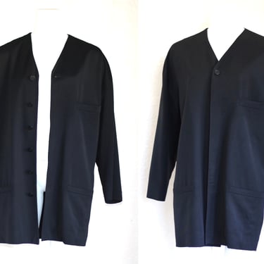 Gianni Versace Gabardine Wool Blazer Jacket - Single Breasted Collarless Button Front Jacket - Large 