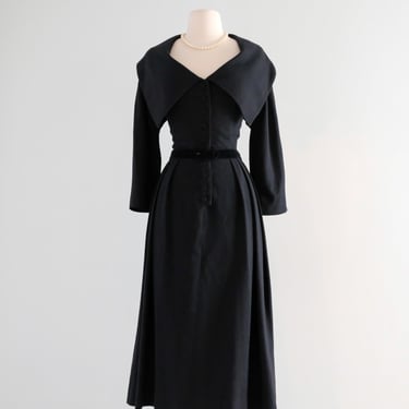 Vintage 1950's New Look Black Wool Dress With Portrait Collar By Suzy Perette / ML