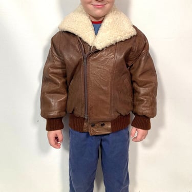 Vintage Kids Brown Leather Bomber Jacket Shearling Collar Pilot Style Jacket Size 4T 