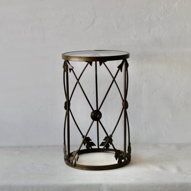 Vintage French Empire Style Arrows Target Brushed Patina Bronze Finish Metal Glass Side Drinks Table 