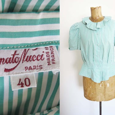 Vintage 80s Renato Nucci Paris Green Stripe Peplum Blouse - Preppy Candy Stripe Puff Sleeve Cotton Top 
