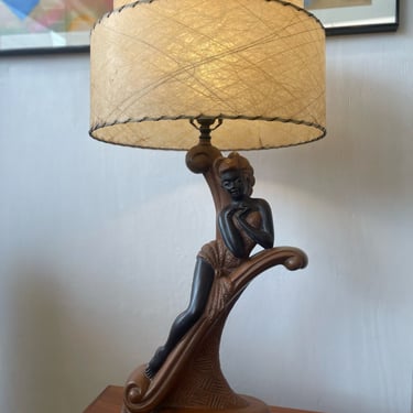 Mid Century Chalkware Continental Art Co. Table Lamp with Fiberglass Lampshade, c. 1951