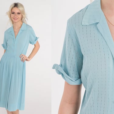 60s Shirtdress Button Up Day Dress Sheer Blue 1960s Midi Dress Mad Men Shirtwaist Pleated Vintage Plain High Waist Collared V Neck Medium 