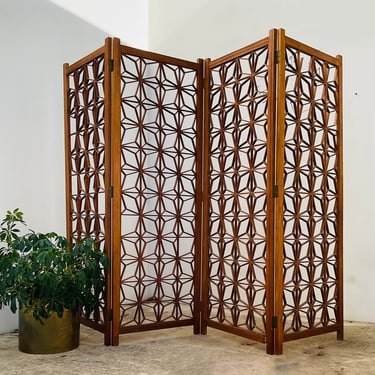 Teak 4 Panel Geometric Starburst Screen