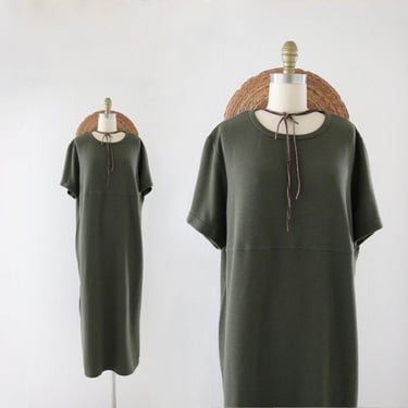 olive knit maxi dress - vintage 90s y2k plus size oversized green long casual comfortable simple weekend minimal short sleeve dress 