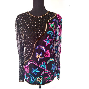 Vintage STAR heart moon bead top pop art sequin top, jeweled color sheer cocktail blouse size medium m large l  us 12 
