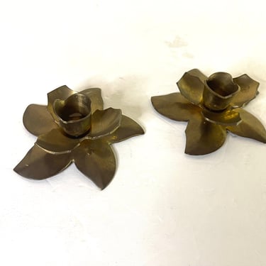 Vintage 1980s Pair of Brass Rose Candlestick Holders 