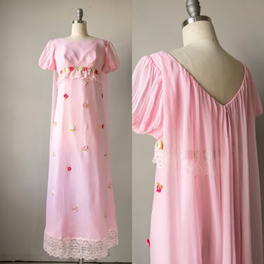 1960s Dress Chiffon Pink Floral Gown S 
