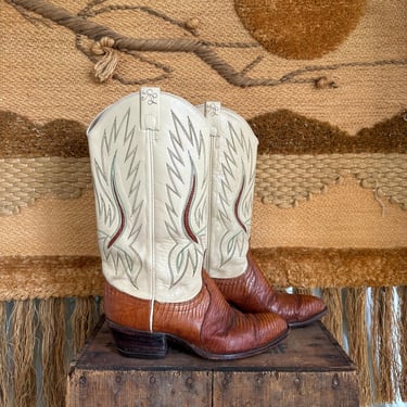 RALPH LAUREN 1980s Leather Western Boots | 80s Brown Lizard Cowgirl Boots | Designer Cowboy Boots | Made in USA | Women's Size 7 1/2C 