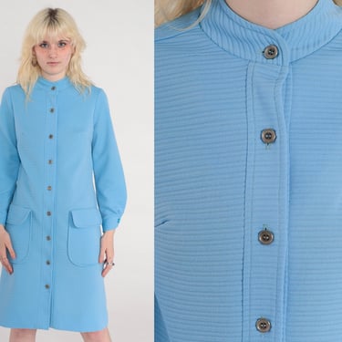 Mod Shift Dress 70s Midi Blue Shirtdress Button Up Dress 60s Hippie 1970s Long Sleeve Pocket Ribbed Polyester Plain Small Medium 