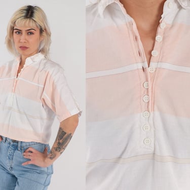 Striped Crop Top 80s 90s Cropped Polo Shirt Pink White Collared T-Shirt Retro Tee Short Sleeve Quarter Button Up Tshirt Vintage 1990s Small 