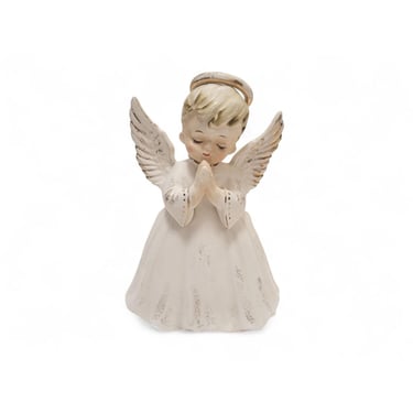 1950s Vintage Lefton Praying Angel Planter, Porcelain Cherub Figurine, Christmas Holiday Decor, Hand Painted Gold Detail Angel Wings 