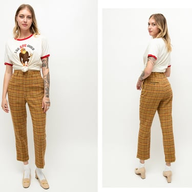 Vintage 1970s 70s Apricot Warm Tone High Waisted Slim Fit Checkered Wool Slacks Trousers 