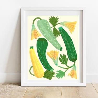 Zucchini With Blossoms 8 X 10 Art Print/ Vegetable Garden Wall Decor/ Kitchen Food Illustration/ Farmers Market Produce Art 