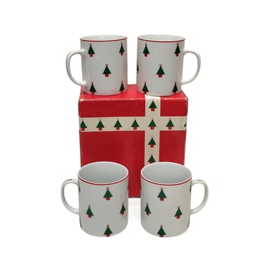 Vintage Christmas Tree Porcelain Mug Set, Hand Decorated Holiday Cups, Cup of Joe Tea Hot Chocolate, NIB, Made in Japan, Xmas Morning Coffee 