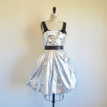 Vintage Marc Jacobs Black and Silver Metallic Foil Fit and Flare Dress Space Age Formal Cocktail Evening 27.5
