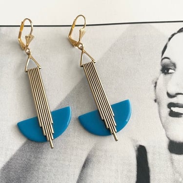Art deco Earrings French Blue Galalith 'Odeonesque' drop Geometric earrings modernist jazz age by BakeliteBa