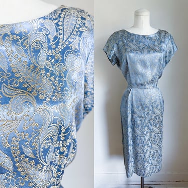 Vintage 1960s Blue and Gold Brocade Wiggle Dress / M 
