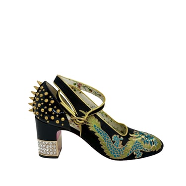 Gucci Black and Gold Embroidered Heels