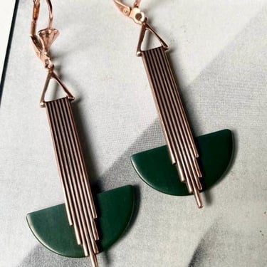 Art deco Earrings Vivid Spinach green bakelite 'Odeonesque' drop Geometric earrings rose gold copper modernist jazz age by BakeliteBa