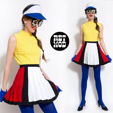 WOW Vintage 80s 90s Mondrian Style Red White Black Color Block Tennis Skirt 