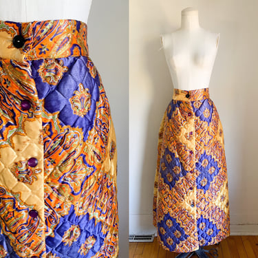 Vintage 1960s Quilted Satin Maxi Skirt / M 