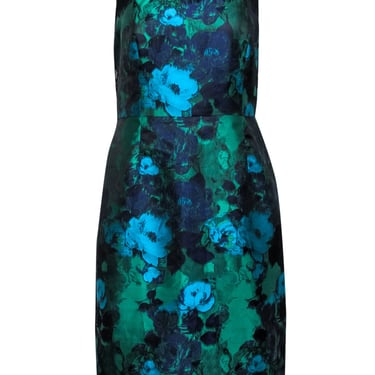 Leifsdottir - Green, Blue & Purple Floral Satin Sheath Dress w/ Lace Trim Sz 10