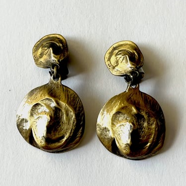 Vintage Brush Gold Earrings, Vintage Clip-On Earrings, Dangle Earrings, Brushed Gold Earrings, Abstract Earrings, Gold Toned Earrings 