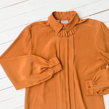 high collar blouse | 80s 90s vintage Anne Klein pumpkin orange ascot dark academia long sleeve shirt 